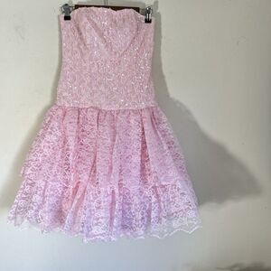 Strapless Pink Lace Tiered Cocktail Dress